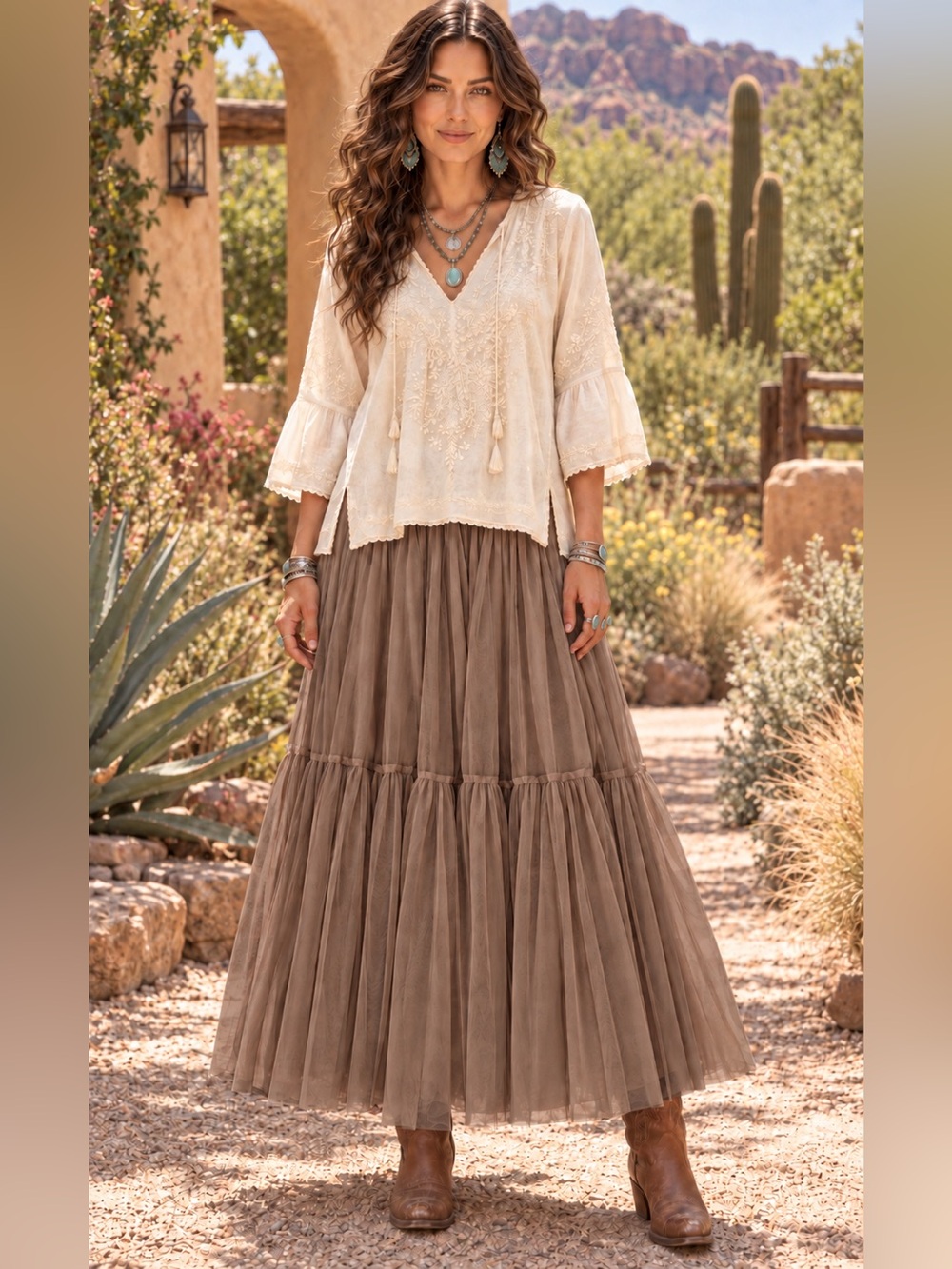 H263 NWT Jaded Gypsy OS w14-24 Bohemian Lt Brown Tiered Maxi Tulle Skirt